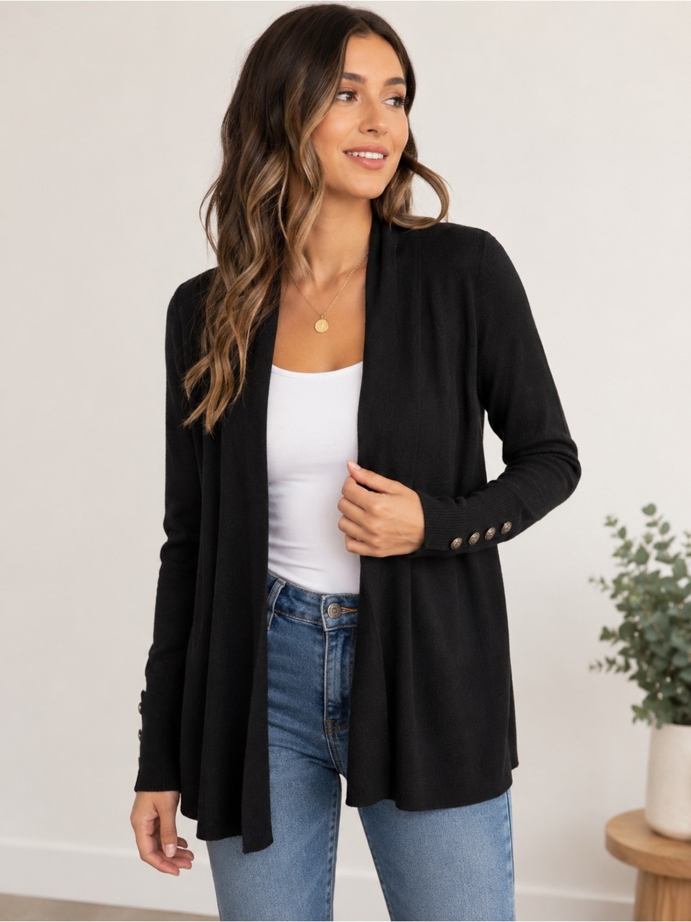 Cyrus Black Open Front Cardigan Sweater Women’s Large Button Cuff